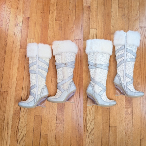 *RARE* Y2K Baby Phat Leather Fabric Faux Fur White Gray Quilted Knee High Boots - Picture 2 of 11